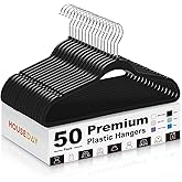 HOUSE DAY Black Plastic Hangers 50 Pack - Heavy Duty Non-Velvet Hangers with 360° Swivel Chrome Hook & Non Slip Notches - Slim Space Saving Clothes Hangers Ideal for Coats Shirts Jackets Dresses