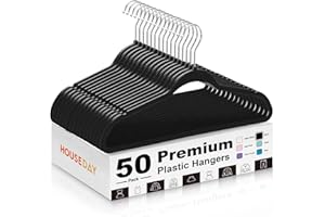 HOUSE DAY Black Plastic Hangers 50 Pack - Heavy Duty Non-Velvet Hangers with 360° Swivel Chrome Hook & Non Slip Notches - Slim Space Saving Clothes Hangers Ideal for Coats Shirts Jackets Dresses