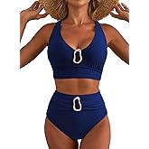 Herseas Women's High Waisted Bikini Sets Crisscross Back Swimsuit V Neck Metal Ring 2026 Summer Bathing Suit Beachwear