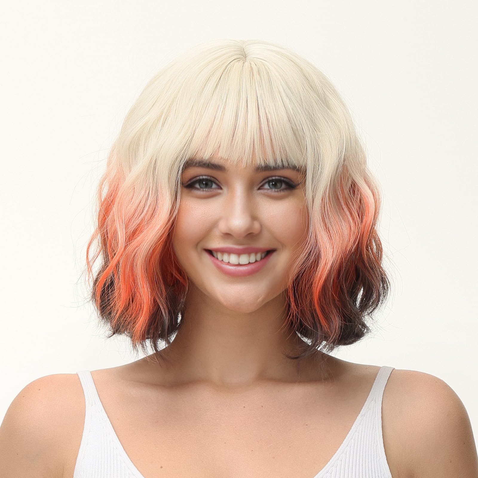 BUYOGET Wavy Bob Wig with Bangs Synthetic Hair Shoulder Length 12 Inch Short Curly Wigs for Women Fox — image 1