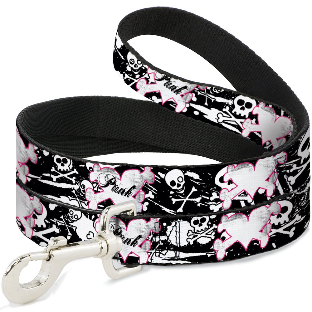 Buckle-Down Pet Leash, Dog Leash, Punk Heart Cross Bones Skulls Splatter Black White, 6 Feet Long 0.5 Inch Wide