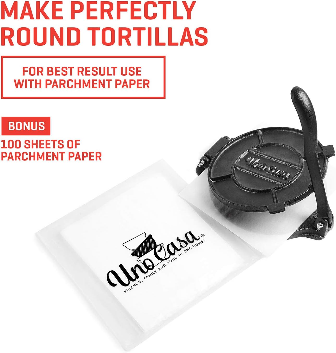 Uno Casa Tortilla Press Cast Iron, 8 Inch, Pre-Seasoned Tortilla Maker with 100 Pcs Parchment Paper - Image 3