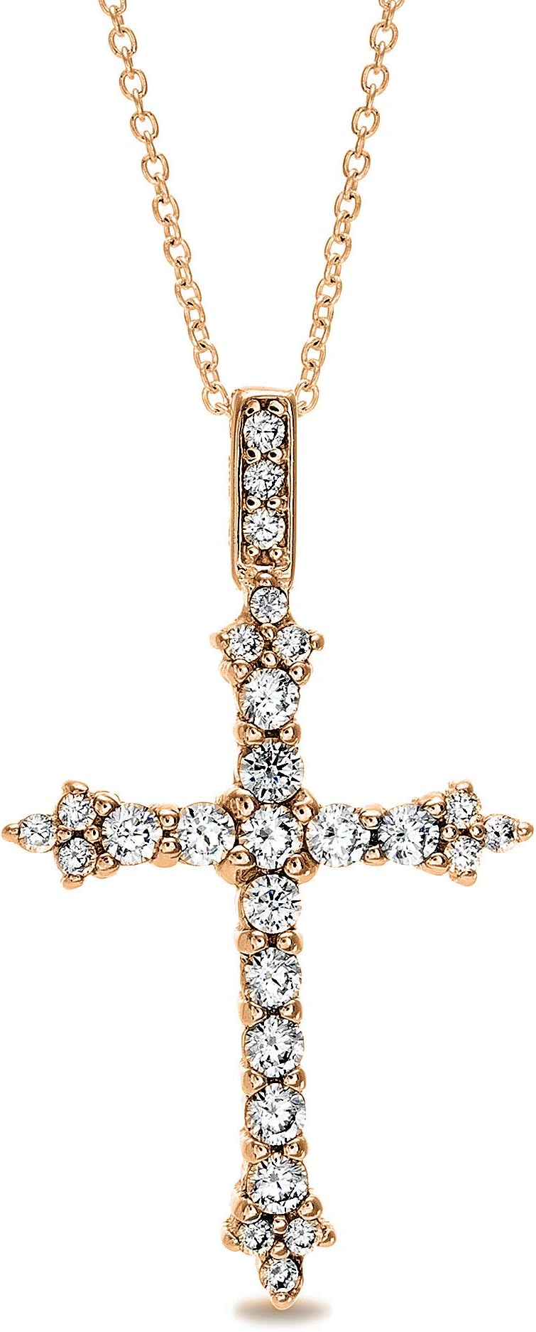 MIA SARINE Sterling Silver Round Cubic Zirconia Fleurette Cross Necklace for Women (Various Colors)