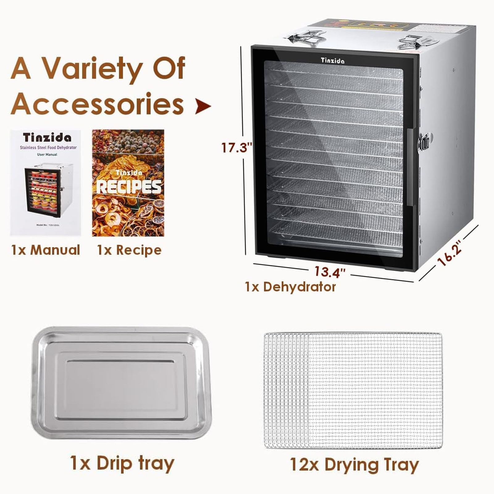 Food Dehydrator Machine 12 Stainless Steel Trays, 800W Power Dehydrators for Herb, Jerky Dehydrator for Meat, Fruit, Pet Treats, Vegetables, 194ºF Temperature Control, 24H Timer