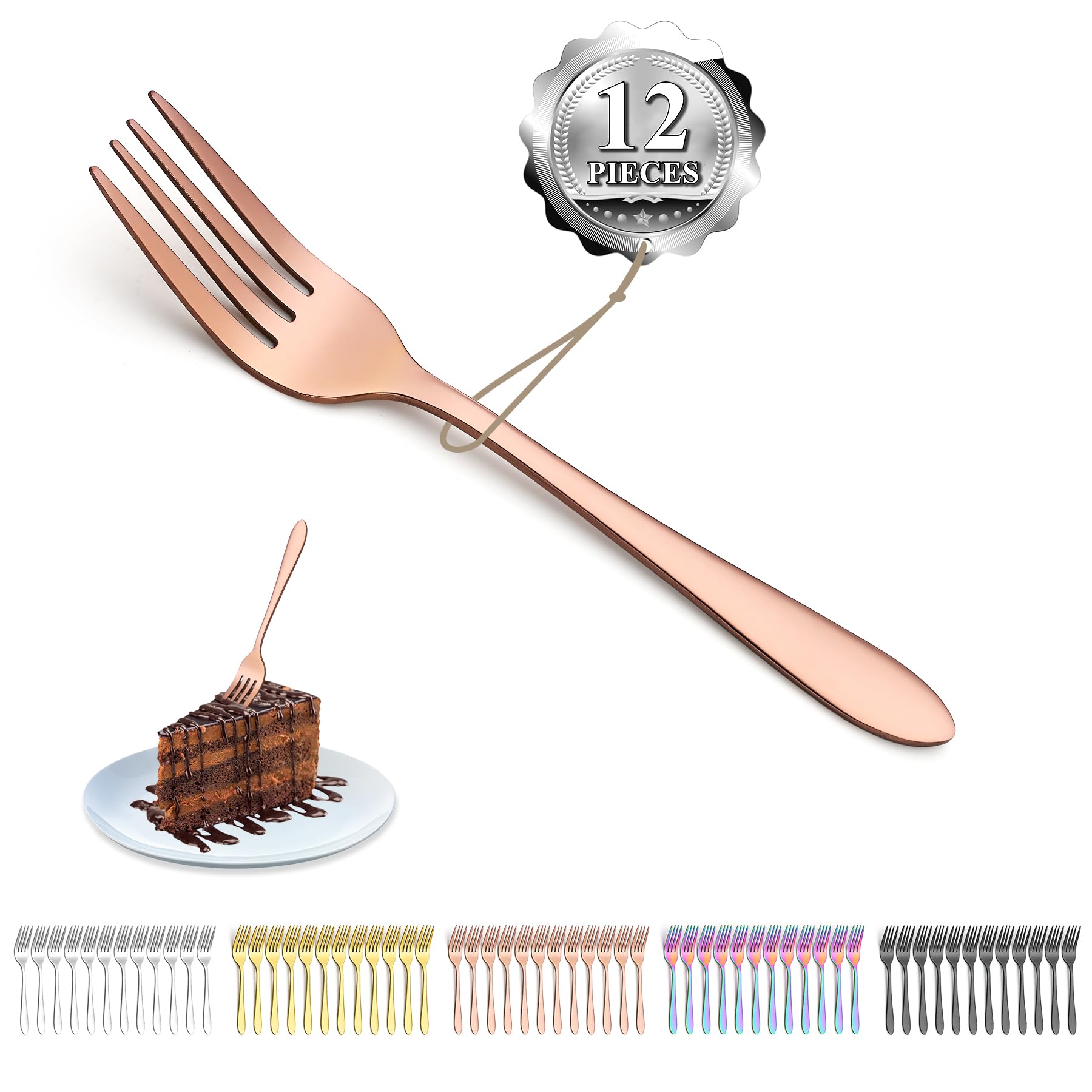 Kyraton Rose Gold Dessert Forks Set of 12 Pieces 14cm Titanium Rose Golden Plating Stainless Steel Cake Forks, Cutlery Set Dishwasher Safe