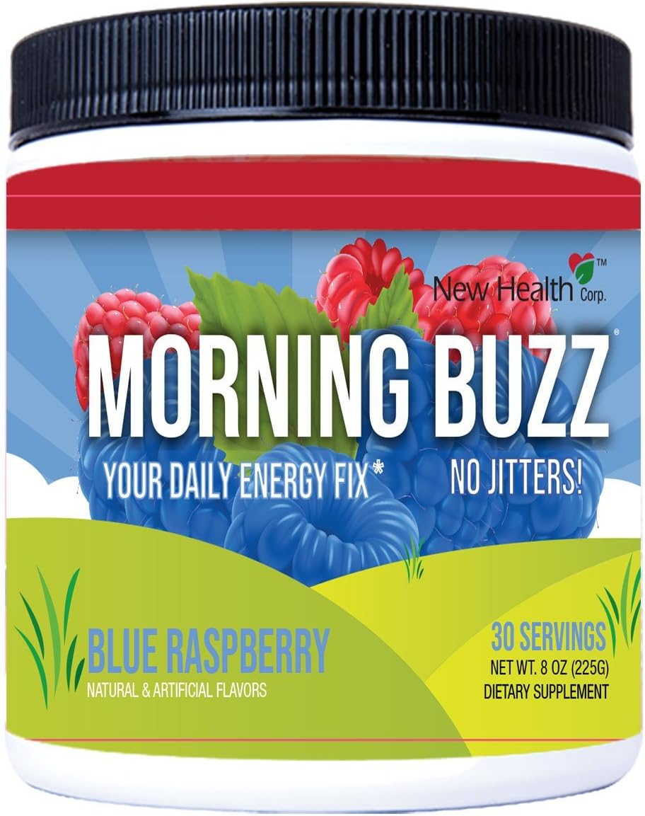 Morning Buzz Sports Energy Drink Mix by New Health, Pre Workout, Sports Nutrition Drink, Supports Lasting Energy, Endurance, Mental Clarity, and Metabolism, 8 Ounce Powder, 30 Servings(Blue Raspberry): Health & Personal Care