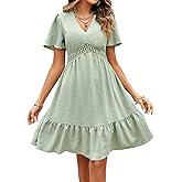 Zeflows Womens Ruffle Sleeve Dress Swiss Dot Layered Solid Color V Necked A Line Dress