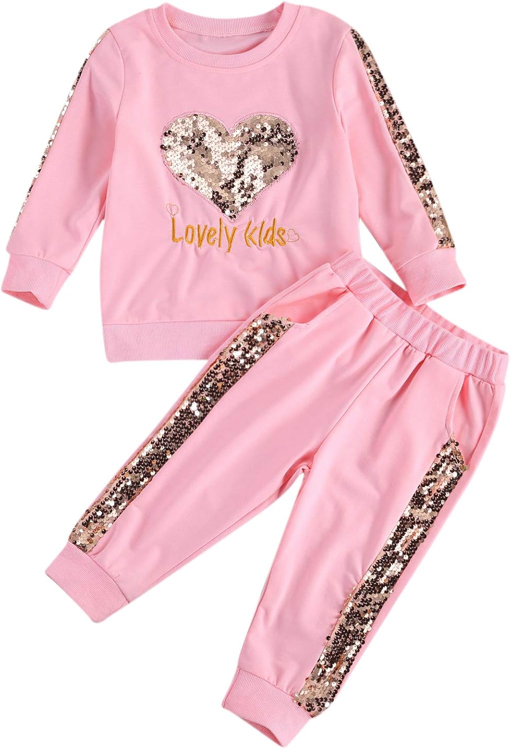 Toddler Baby Girl Tracksuit Outfit Sequins Love Heart Sweatshirt Tops and Pants 2PCS