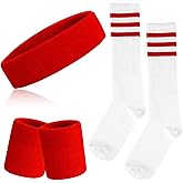 ONUPGO 5 Pieces Sweatbands Striped Socks Set Sports Headband Wristbands High Tube Socks 80s Accessories Costumes