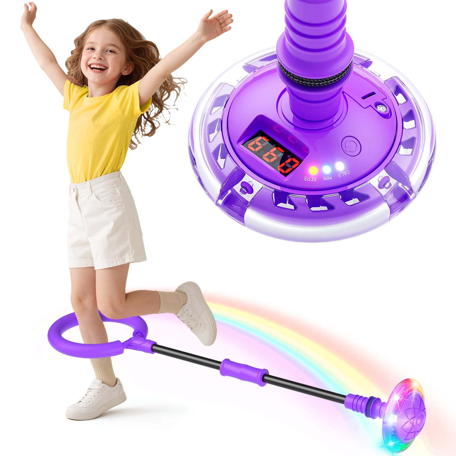 Jofuni Ankle Skip Ball for Kids with Counter, Timer, Cal Calculator, Girl Birthday Gifts for Age 5 6 7 8 9 10, Battery Powered Foldable Outdoor Sports Toy for 6-10 Year Old Girl Easter Gifts (Purple)