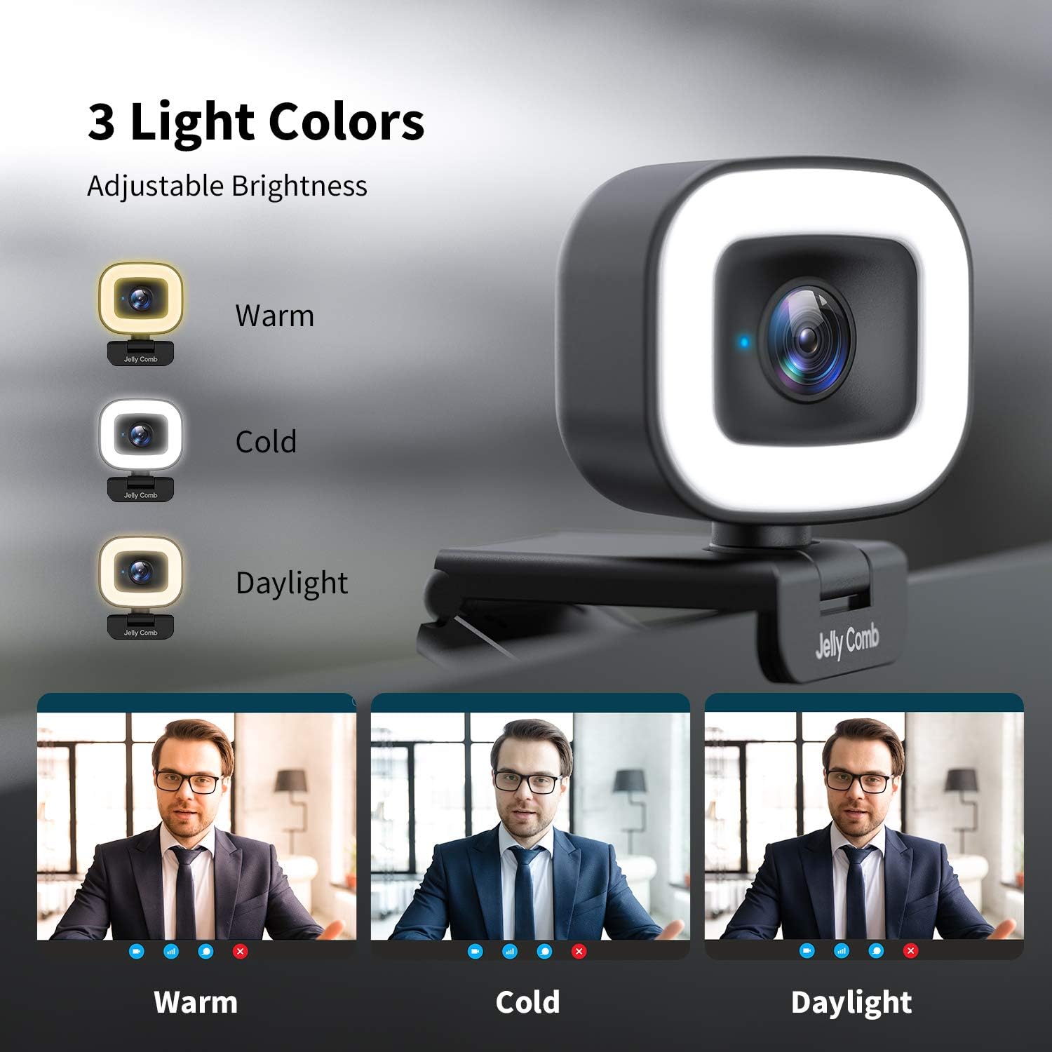60FPS Webcam with Ring Light, Jelly Comb Auto-Focus HD 60FPS, 1080P Web Camera with Dual Microphone and Privacy Cover for YouTube, Skype, Zoom, Twitch, OBS, Xsplit and Video Calling, W15 : Electronics