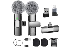 PoP voice USB C Mini Microphone for iPhone 16/15/14/Android, Wireless Lavalier Microphone with Noise Reduction, Lapel Lav Mic for Vlog YouTube TikTok Recording, 12H, 65ft