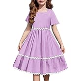 Arshiner Girls Summer Dress Flutter RIC Rac Tiered Short Sleeve Square Neck Casual Midi Dresses with Pockets