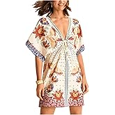 Floerns Women's Tropical V Neck Mini Dress Tie Front Dolman Sleeve Beach Vacation Dresses