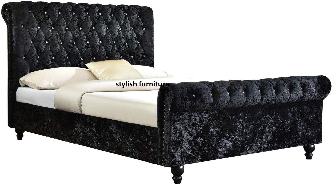 New Stunning Crushed Velvet Luxurious Chesterfield Bed Frame , Double 4FT6, King Size 5FT (5FT King, Black)