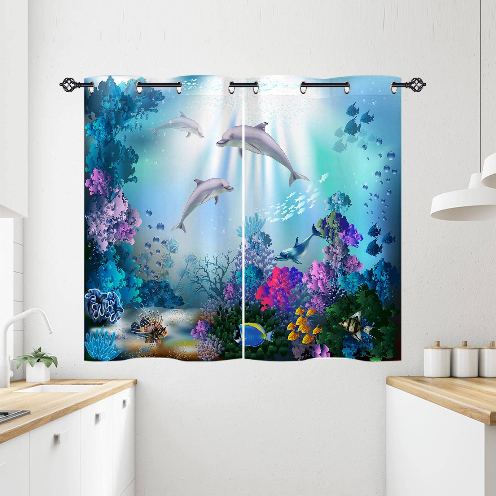 ANHOPE Dolphin Curtains Eyelet Soft Thermal Blackout Curtains Ocean Underwater Tropical Fish Print Pattern Ring Top Soundproof Window Drapes for Kids Bedroom Living Room 28 x 54 Inch Drop 2 Panels