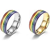 2 Pcs Rainbow Pride Ring Two-Tone Rainbow Inlay Lover Wedding Engagement Bands 8mm Width Stainless Steel Pride Parade Rainbow Ring Promise Couples Rings for Women Men-9