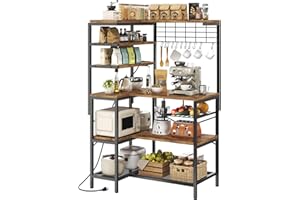 iabifo L-Shaped Bakers Rack with Power Outlet, 6-Tier Microwave Stand with Open Storage, Coffee Bar with Hooks, Mesh Grid, Kitchen Shelf with Wire Basket, Rustic Brown and Black