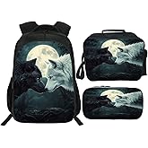 Snapjet Wolf Backpack 3PCS 16" Preschool Elementary Schoolbag with Lunch Box Pencil Case Bookbag Set for Girls Boys Kids Children Teens School Students