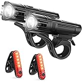 Ascher Ultra Bright USB Rechargeable Bike Light Set, Powerful Bicycle Front Headlight and Back Taillight, 4 Light Modes, Easy to Install for Men Women Kids Road Mountain Cycling Black