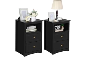 Yaheetech Nightstand Set of 2, Wooden Bedside Tables with 2 Drawer and Cubby, 2Pcs Tall Nightstand for Bedroom Small Space, Bedside Cabinet Telephone Table, 19″ L × 16″ W × 29″ H, Black
