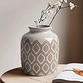 Boho Ceramic Vase, 6 Inch Rustic Farmhouse Pastoral Decor, Vintage Clay Vases for Bouquets, Pampas Grass and Fake Plants, Suitable for Home Decor, Shelf, Dining Table, Living Room, Mantle, Bathroom