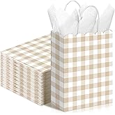 Kolldenn 24 Pcs Gingham Party Supplies Beige and White Gift Bags 8.27 x 6.3 x 3.15 Inch Kraft Paper Checkered Plaid Candy Goodie Party Favors Bags for Easter Picnic BBQ Birthday Baby Shower Wedding