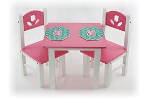 Matty's Toy Stop 18 Inch Doll Furniture Pink/White Wooden Table and Chairs Set with Placemats (Floral Design) - Fits American Girl Dolls