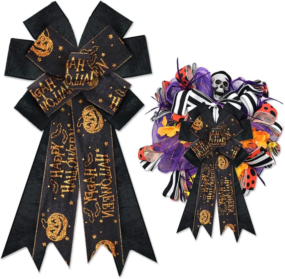 Bows & Ribbons - Large Halloween Bows for Wreath, Black Velvet Wreath Bows Halloween Orange Glitter Pimpkin Bat Star Bows for Front Door, Black Burlap Ornament Tree Topper Bows for Halloween Indoor Outdoor Decor