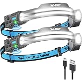 Smiling Shark TS-2 Headlamp, Dual Spotlight with Floodlight & Strobe LED Head Torch Rechargeable 2400mAh Long-Lasting Hands-Free Design for Camping Hiking Running Jogging (2 Pack)