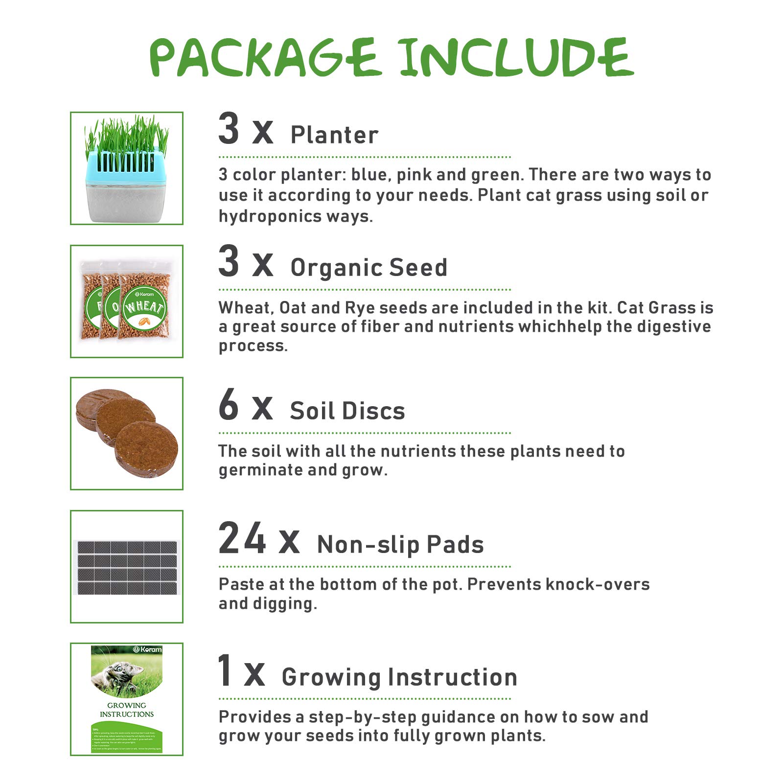 KORAM Cat Grass Growing Kit Organic Pet Grass Kit with Oats Rye Wheat Seeds Trays & Soil Natural Hairball Control Healthy Treat for Cats