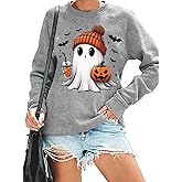 RFBIQI Halloween Ghost Sweatshirt Women Cute Ghost Shirt Funny Bat Pumpkin Head Graphic Pullover Tops Casual Long Sleeve Tee