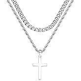AOKSUNS 925 Sterling Silver Layered Cross Necklace for Men 18K White Gold Plated Pendant Necklace Stainless Steel Cuban Link Twist Chain Jewelry Gifts Cross Chain Necklace for Men 18-26 inches