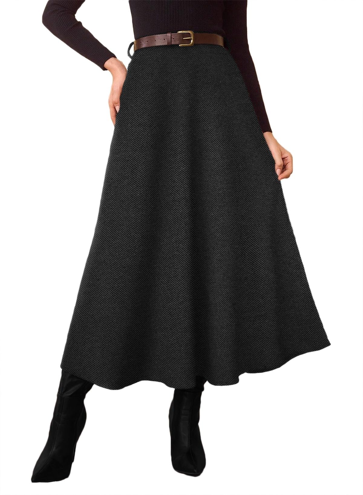Photo 1 of Pink Queen Black Skirt for Women Midi Length Casual Elegant Vintage Pleated Solid Color A Line Flared Women's Midi Skirts Fall Winter Outfits with Pockets Black M