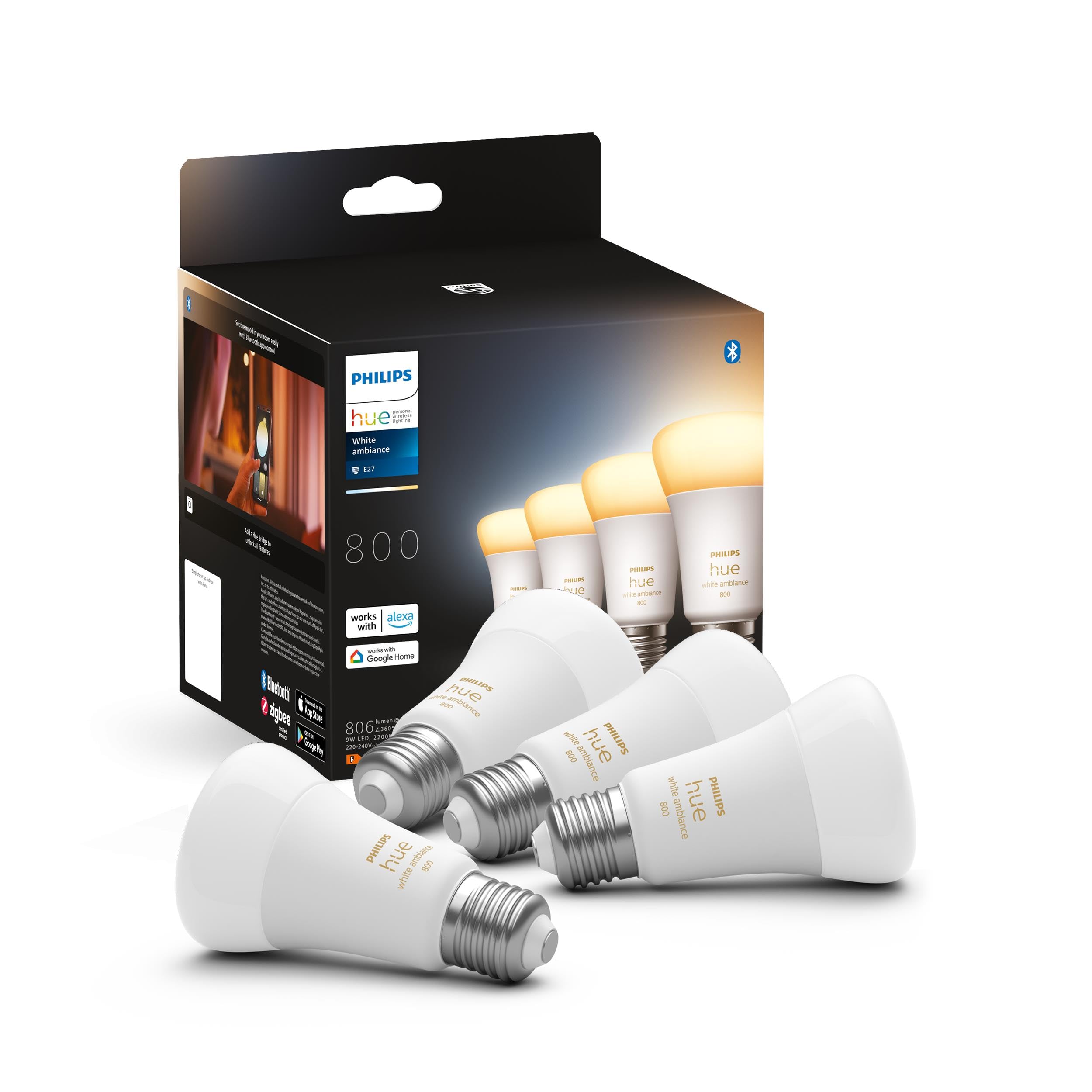 Philips Hue New White Ambiance Smart Light Bulb 4 Pack 60W - 800 Lumen [E27 Edison Screw] with Bluetooth. Works with Alexa, Google Assistant and Apple Homekit.