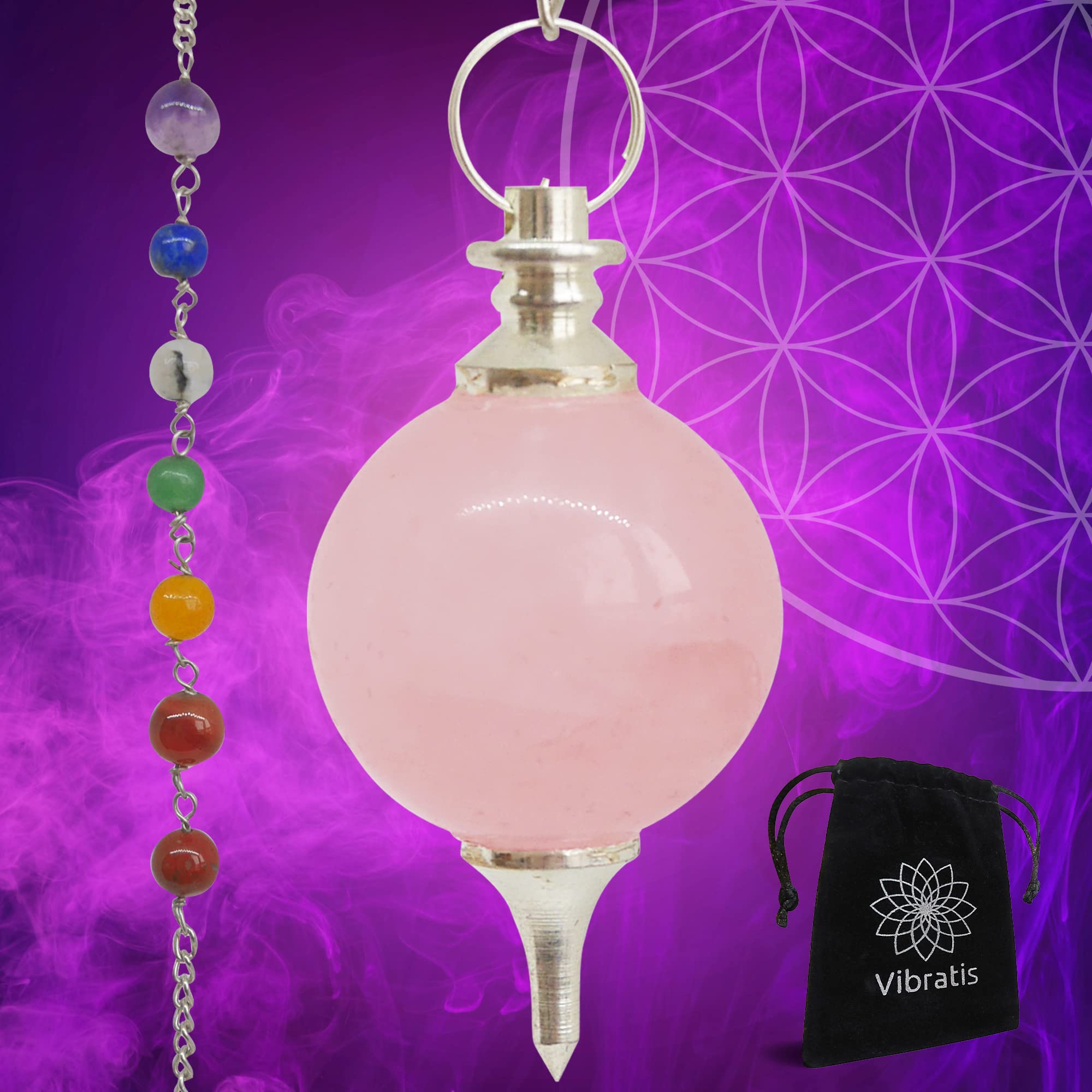 Rose Quartz Crystal Dowsing Pendulum - Universal Dowsing Pendulum with 7 Chakra Chain [Lifetime Satisfaction Guaranteed] (Rose Quartz b)