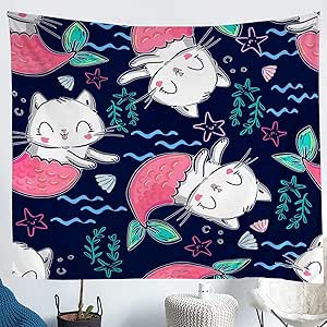 Erosebridal - Tapiz de sirena para guardería, diseño de gato y sirena