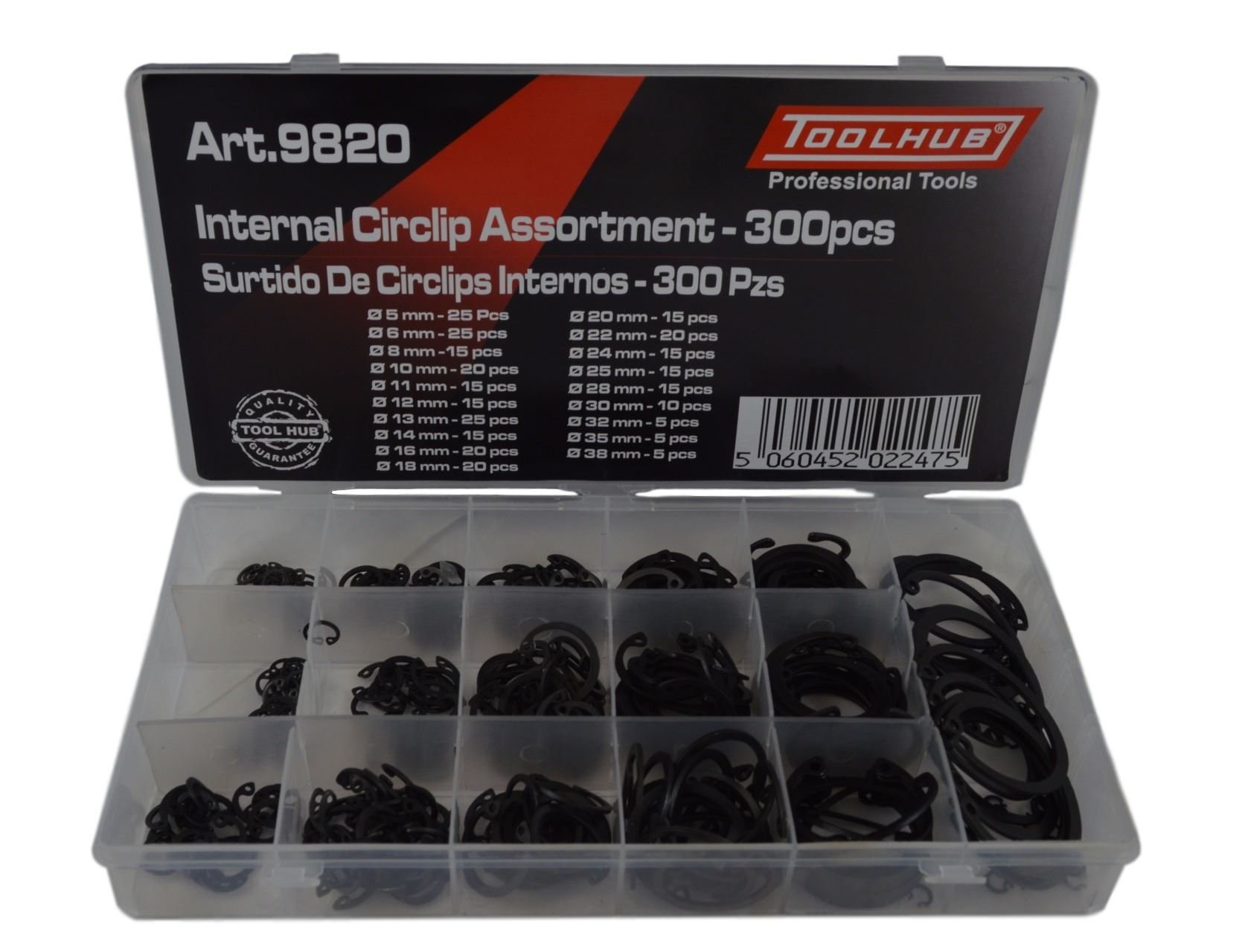 Tool Hub 9820 Internal Circlip Set. 300pc assorted retaining Cir Clips/small sized Circlips