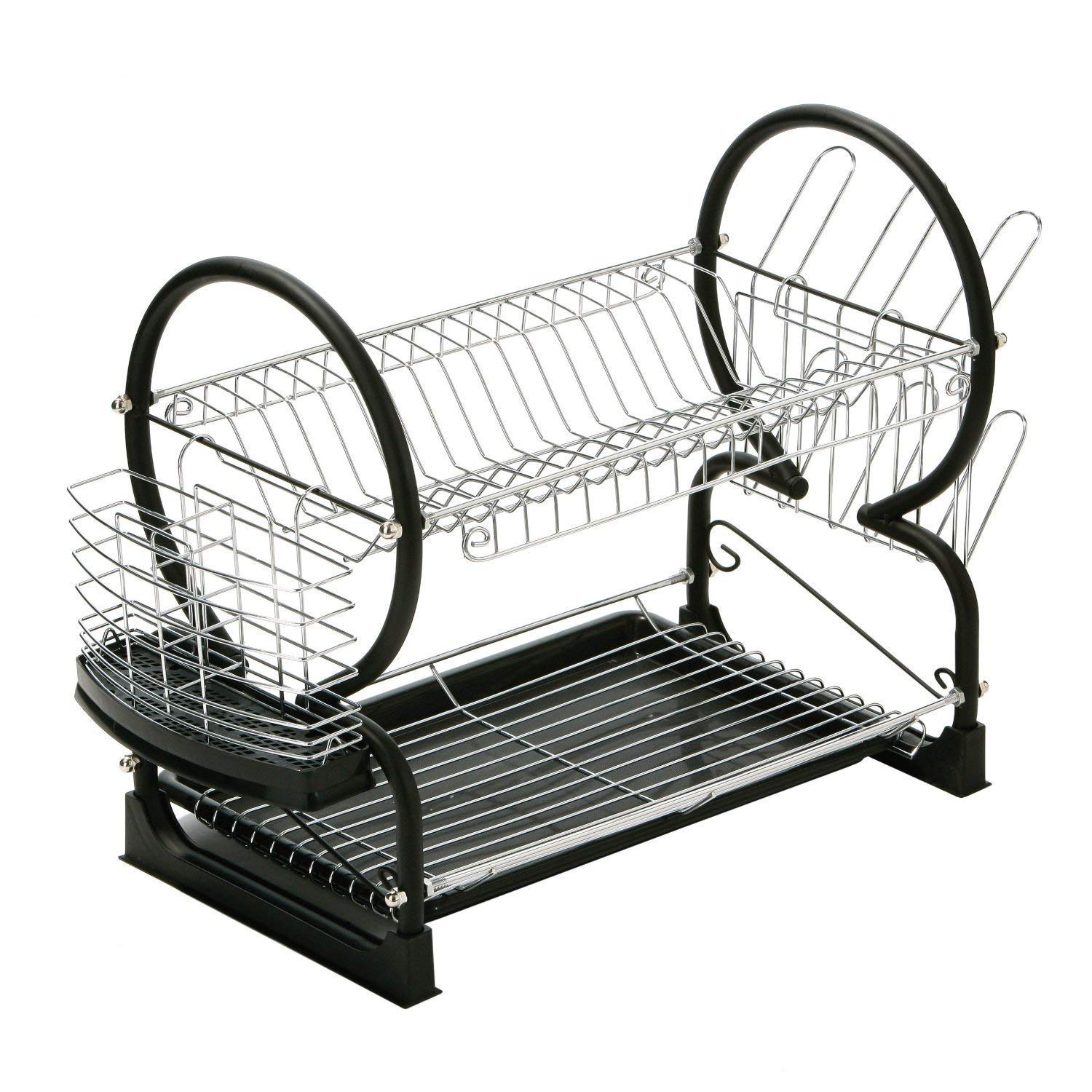 Premier Housewares Two Tier Dish Drainer Black Rack with Glass Utensil