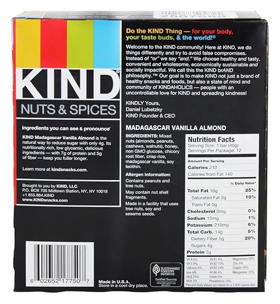 KIND NUT BARS, MADAGASCAR VANILLA ALMOND, HEALTHY SNACKS, GLUTEN FREE, LOW SUGAR, 6G PROTEIN, 12 COUNT