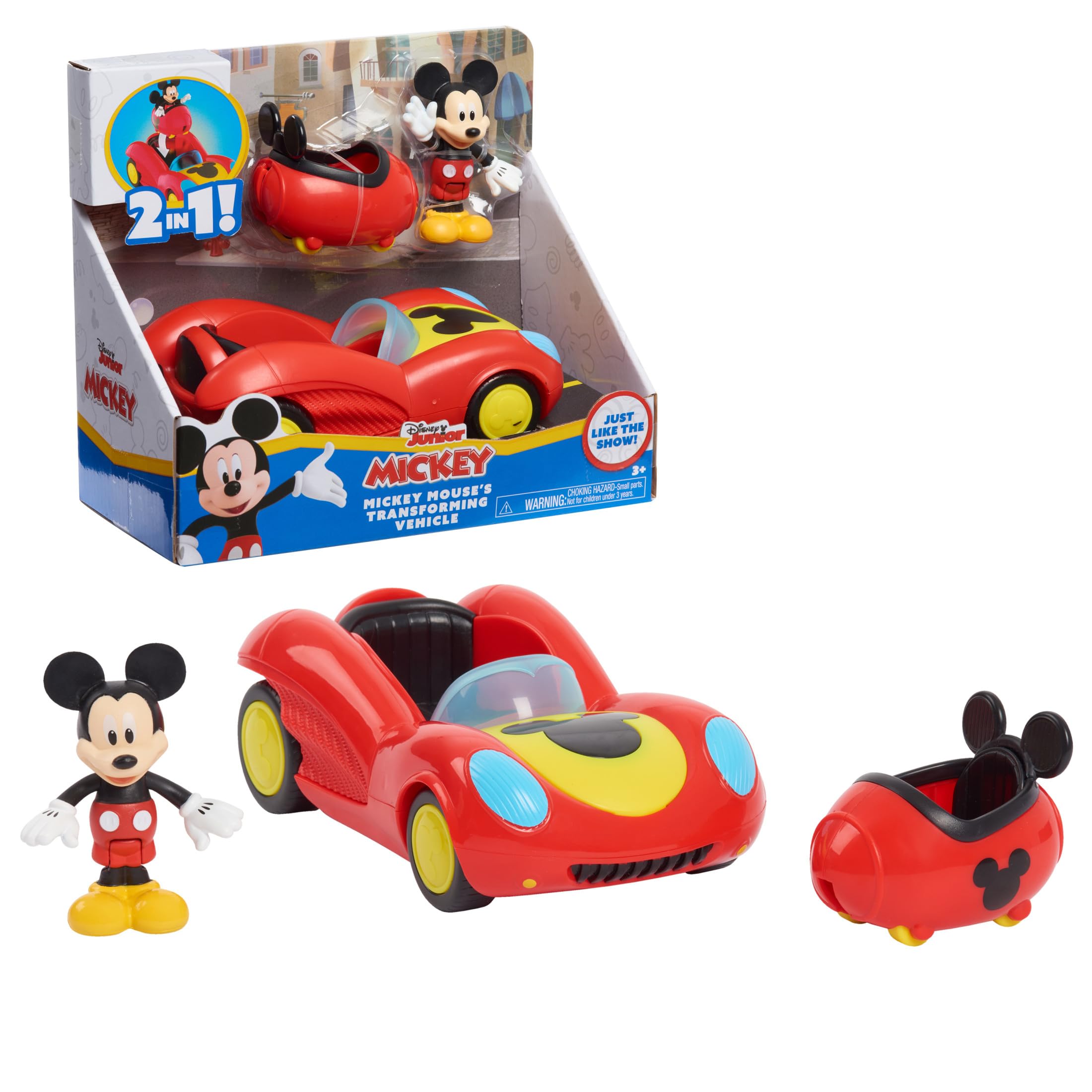 Vehículo transformador Disney Junior Mickey Mouse Funhouse, Mickey Mouse, coche de juguete rojo, preescolar, juguetes para niños a partir de 3 años de Just Play