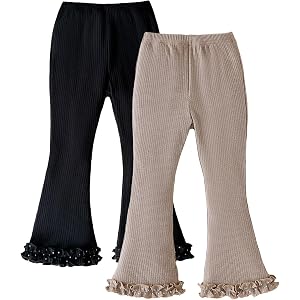 SOBOWO Girls Ribbed Flare Leggings 2 Pack Bell Bottom Pants 6-12Y | Polka-Dot Ruffle Hems, Stretch Stretch Rib Knit, Spring &