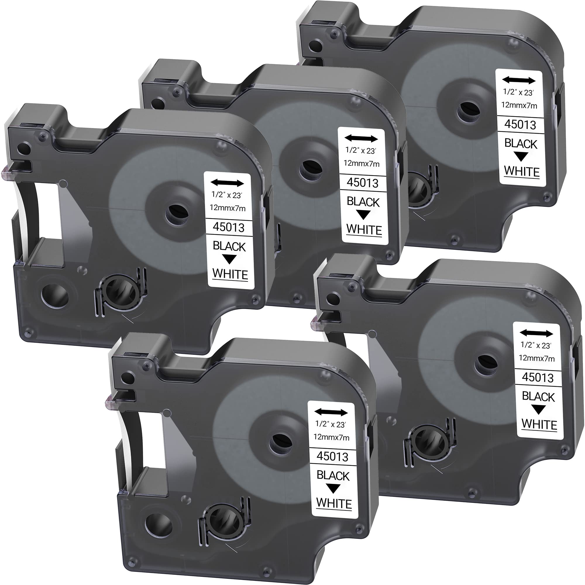 LEYF Pack of 5 Label Tape, Compatible with Dymo D1 45013 S0720530, 12 mm x 7 mm Label Tape for LabelManager 160 280 210D 360D 420P 500TS Labelpoint 250 150 450 Duo, Black on White, 45013X5