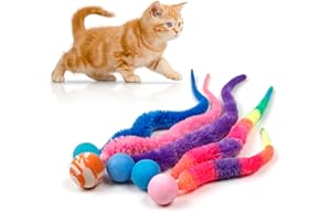 SHENGSEN Mixed Bouncy Ball with Tail Cat Toys-5 Packs,Rainbow Magic Worm with Ball Toy for Cats,Colorful Fuzzy Worm Bouncy Balls Cat Toy
