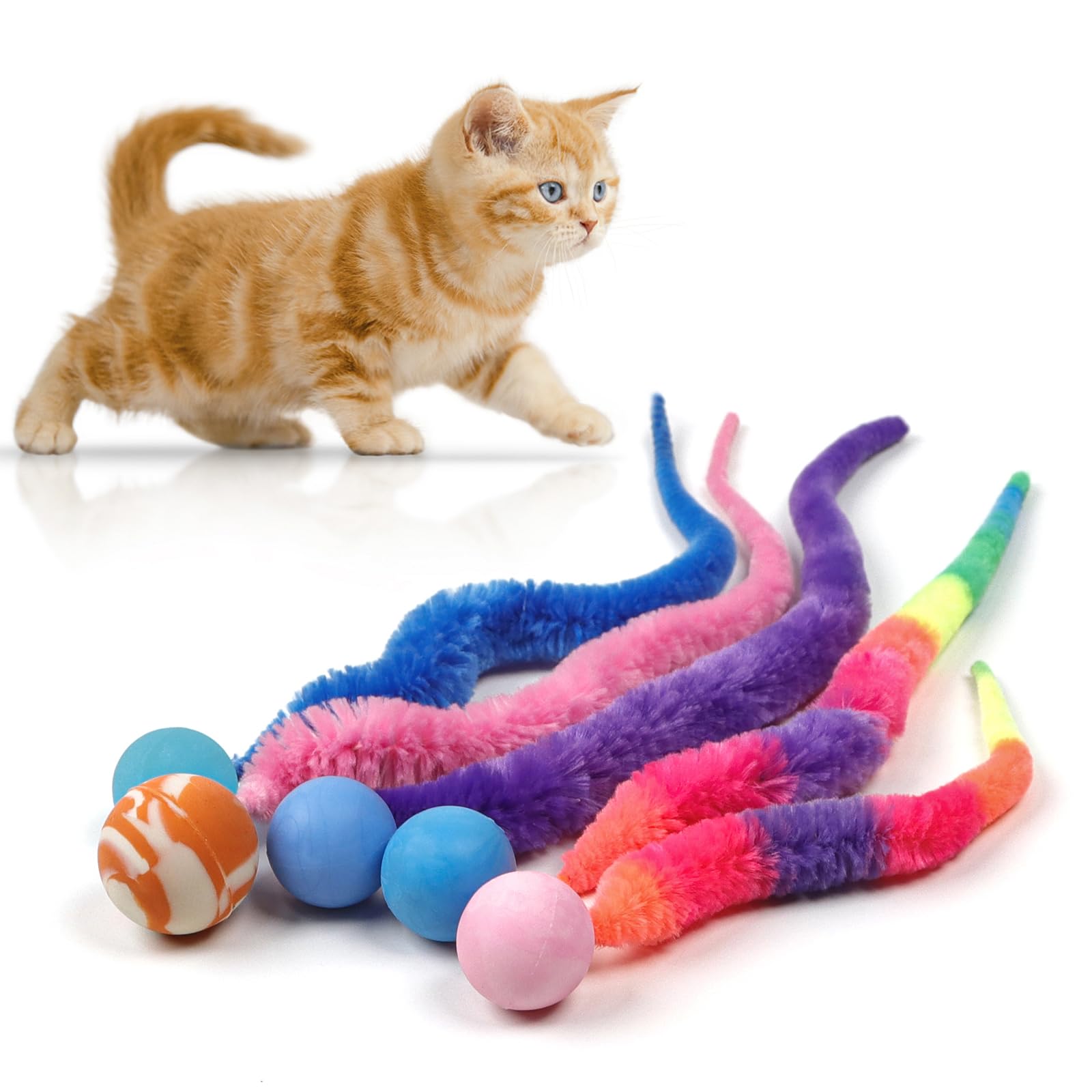 SHENGSEN Mixed Bouncy Ball with Tail Cat Toys-5 Packs,Rainbow Magic Worm with Ball Toy for Cats,Colorful Fuzzy Worm Bouncy Balls Cat Toy