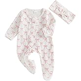mlpeerw Newborn Baby Girl Outfits Bow/Plaid Print Footed Jumpsuit Ruffle Zipper Romper Cute Fall Baby Coming Home Outfit