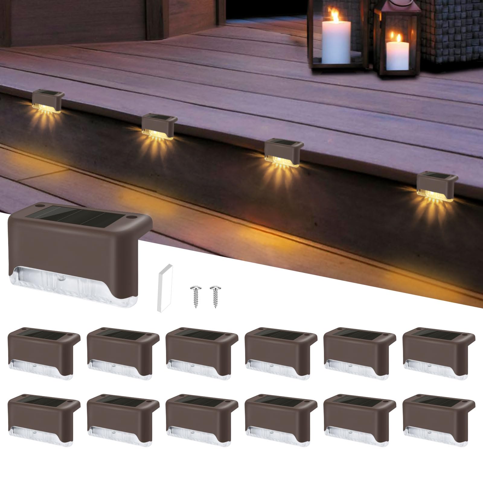 Liuyife 12 Pack Solar Deck Lights, Outdoor Waterproof LED Stair Lights for Steps, Fences, Yard, Patio, Garden, Pool, Driveway (Warm White)
