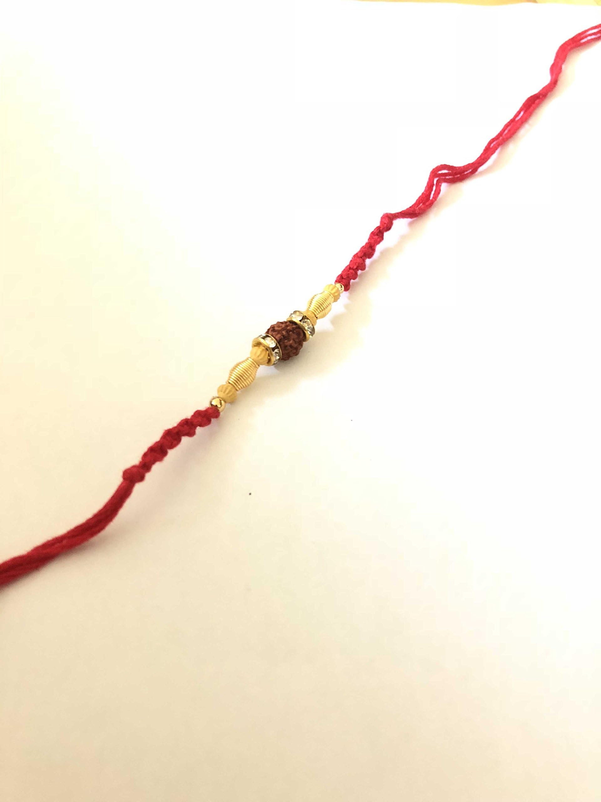 Rudraksh Thread Rakhi Pack with Roli Chawal, Card & Chocolate- Indian Festival Raksha Bandhan