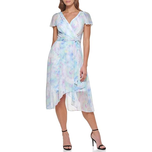 DKNY Womens Chiffon 3/4 Sleeve Faux Wrap Dress at Amazon Women's Clothing  store