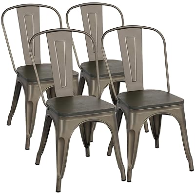 Yaheetech Metal Dining Chairs with Wood Seat, Set of 4, Gun